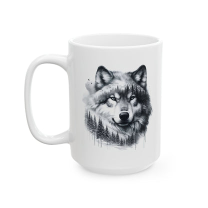 Monochromer Wolfswald – Weiße Tasse (325 ml/443 ml)
