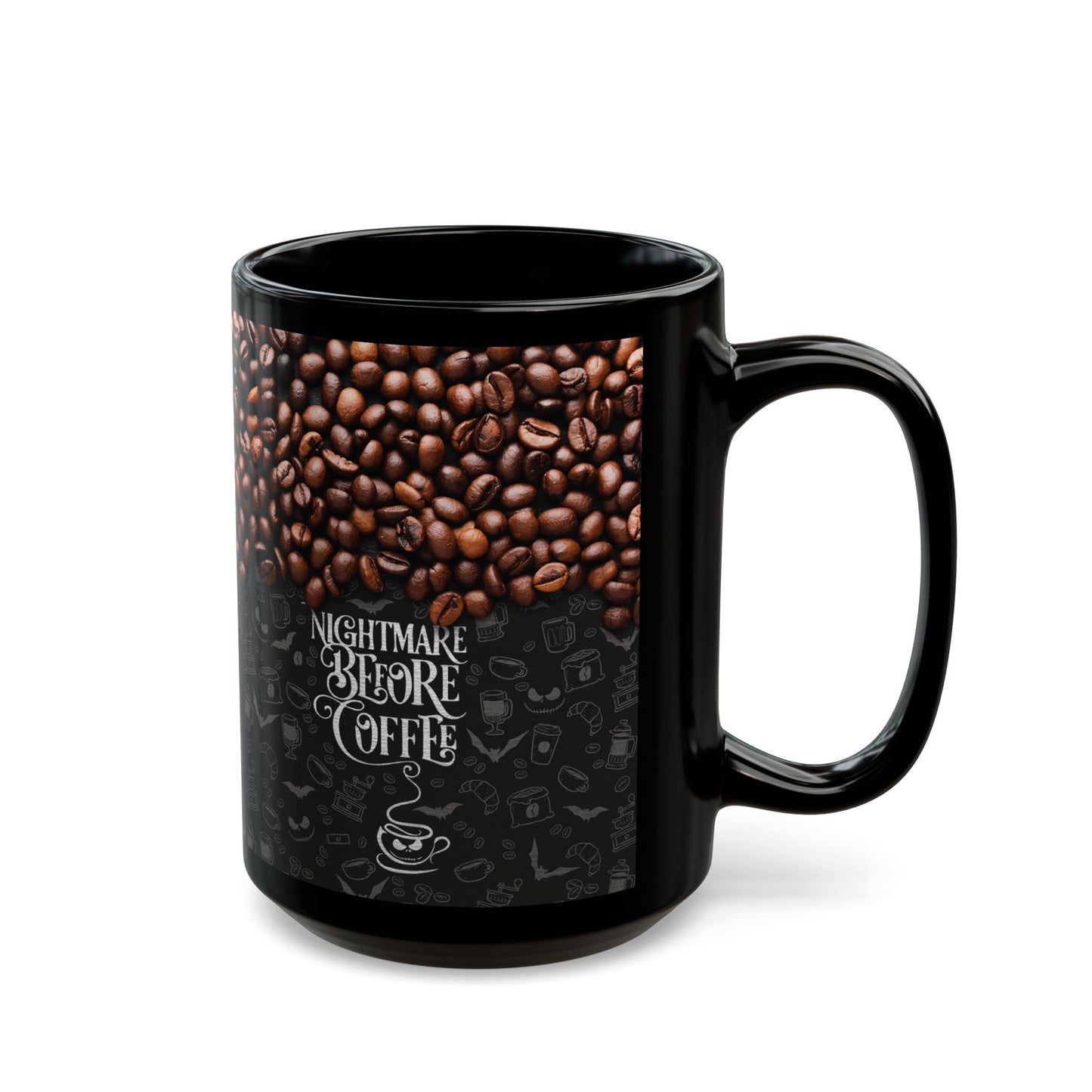 Nightmare Before Coffee - Beidseitig bedruckte schwarze Tasse (325ml/440ml)