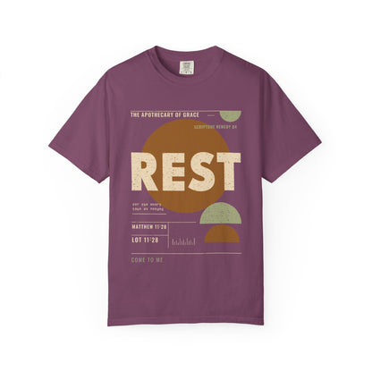 Rest - Retro Mid-Century Scripture Unisex T-Shirt, Matthew 11:28 Bible Verse Tee, Christian Gift for Burnout, Modern Graphic Faith Apparel