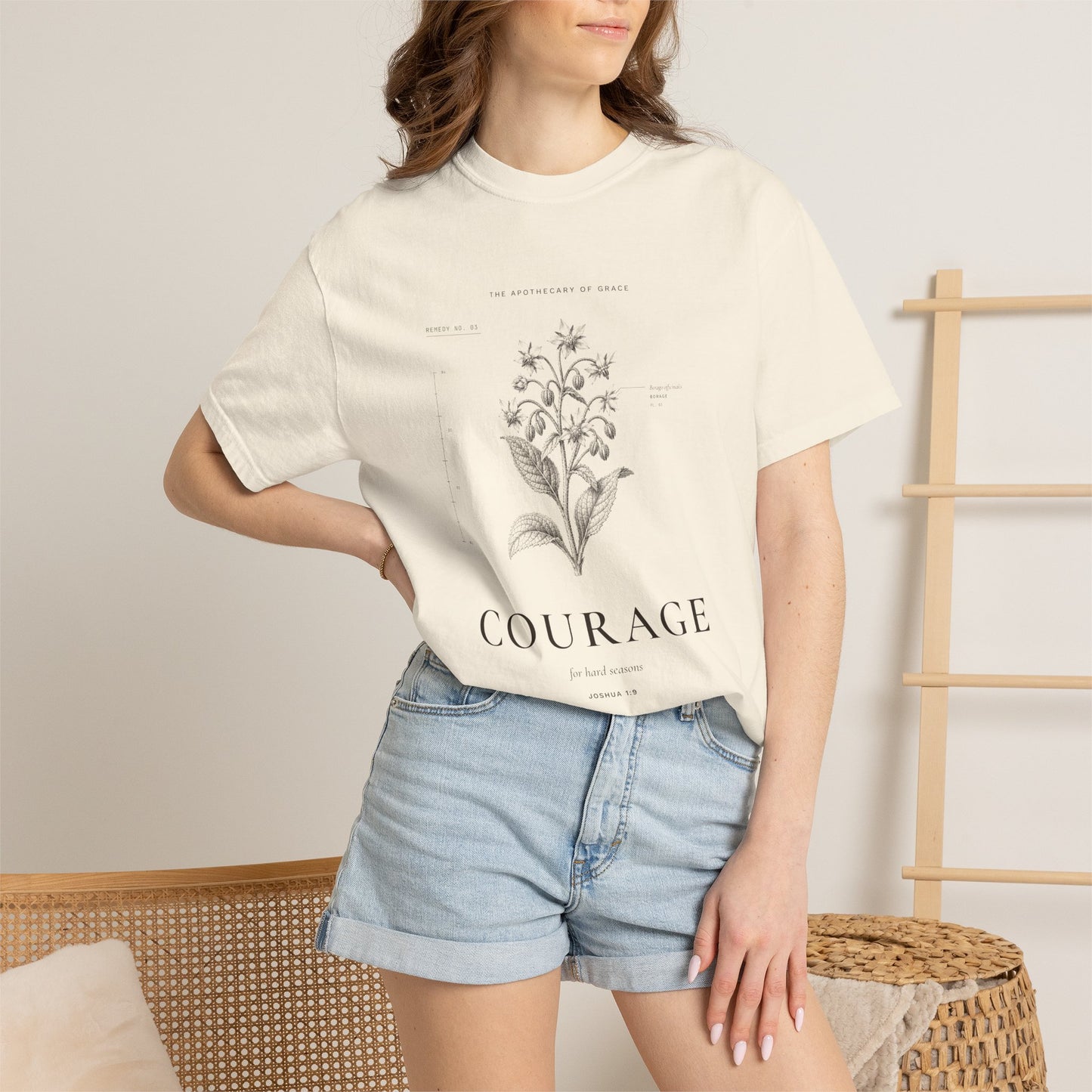 Courage - Vintage Botanical Scripture Unisex T-Shirt, Joshua 1:9 Bible Verse Tee, Christian Gift for Hard Times, Editorial Faith Apparel