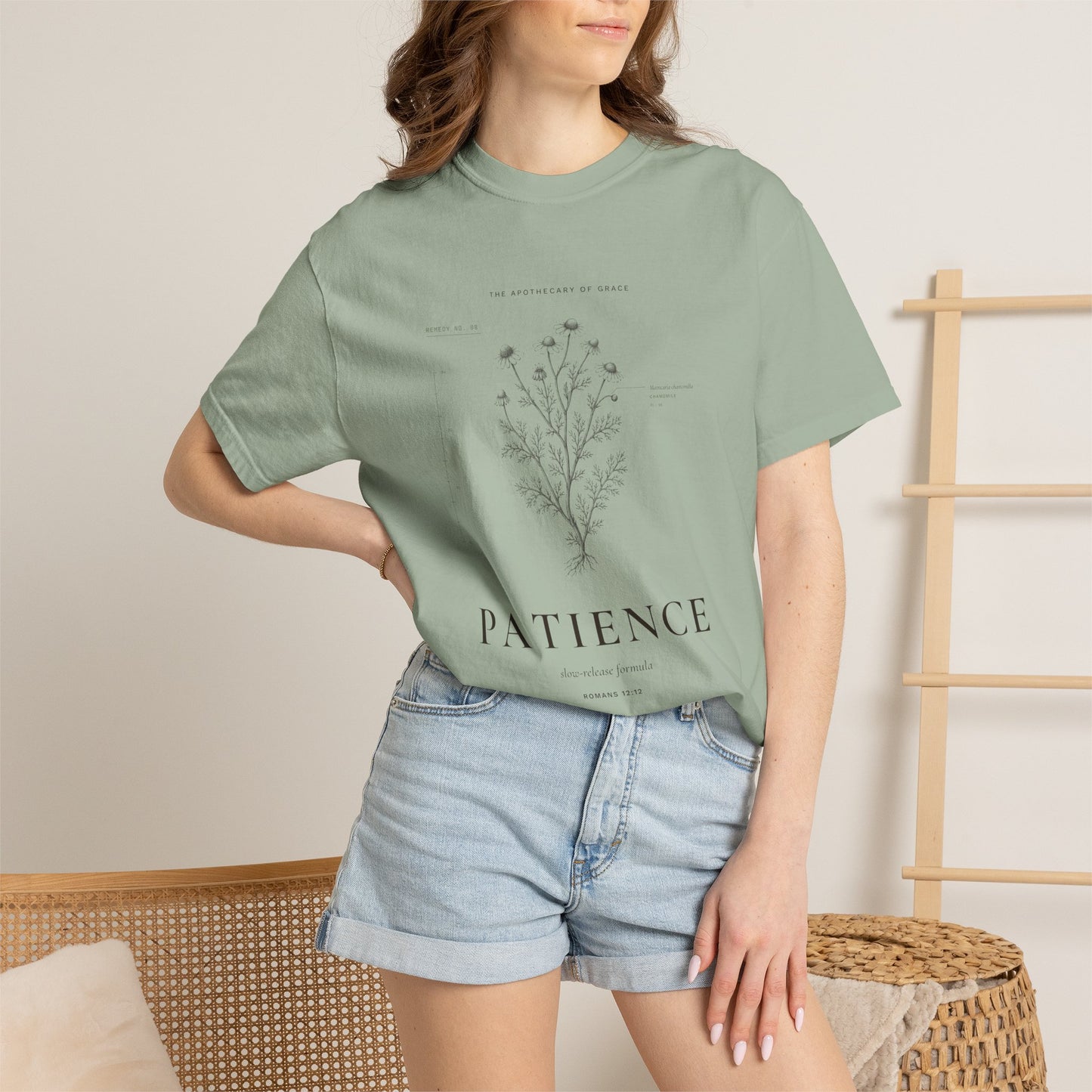 Patience - Vintage Botanical Scripture Unisex T-Shirt, Romans 12:12 Bible Verse Tee, Christian Gift for Waiting, Editorial Faith Apparel