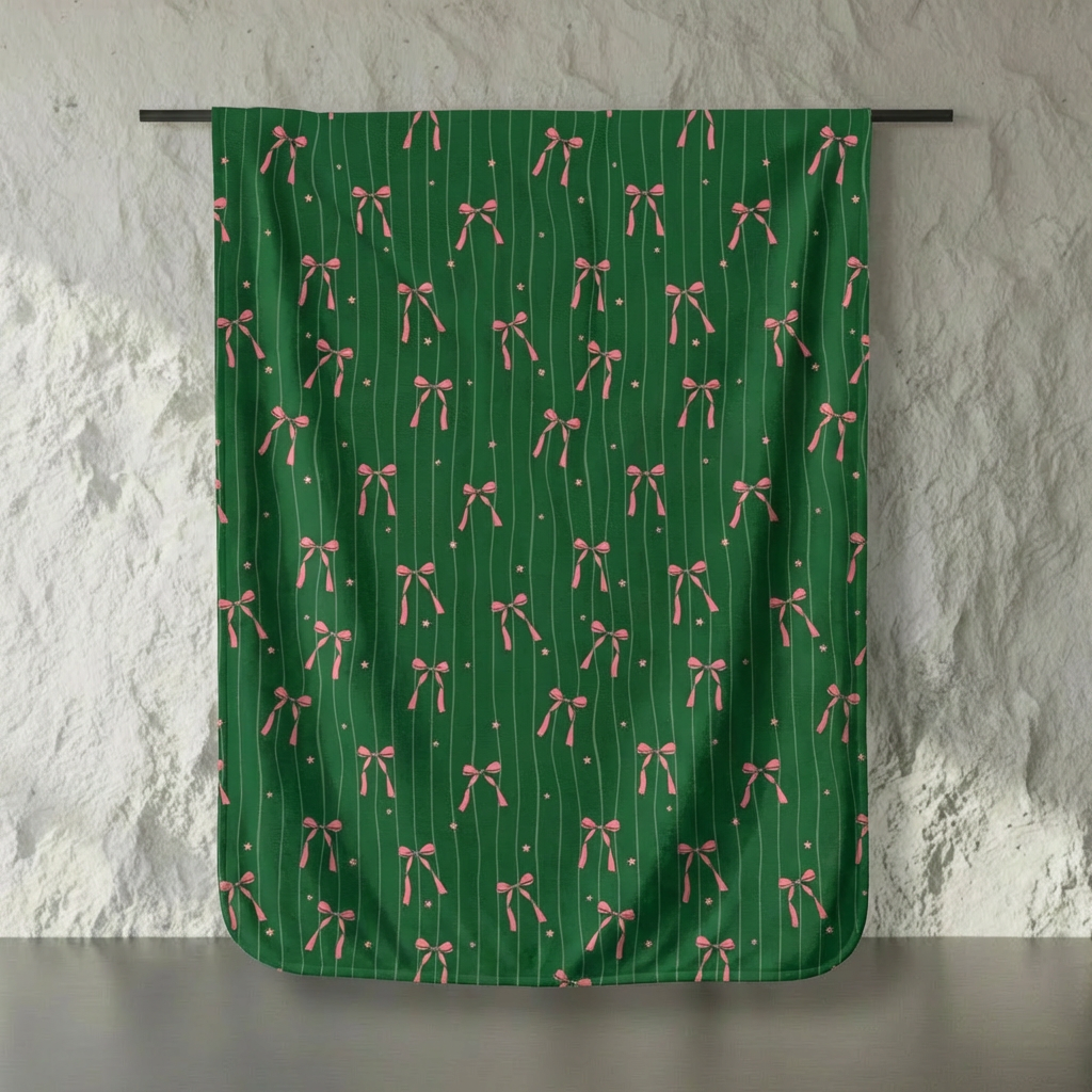 Pink Bows on Evergreen Velveteen Throw Blanket