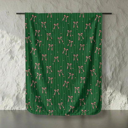Pink Bows on Evergreen Velveteen Throw Blanket