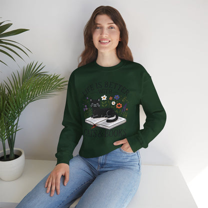 Life Is Better With Cats & Books Rundhals-Sweatshirt