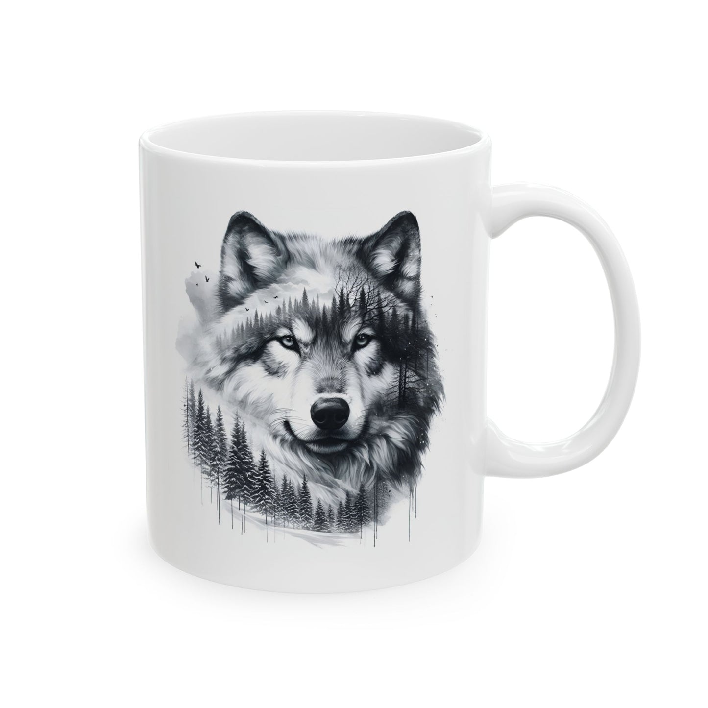 Monochromer Wolfswald – Weiße Tasse (325 ml/443 ml)