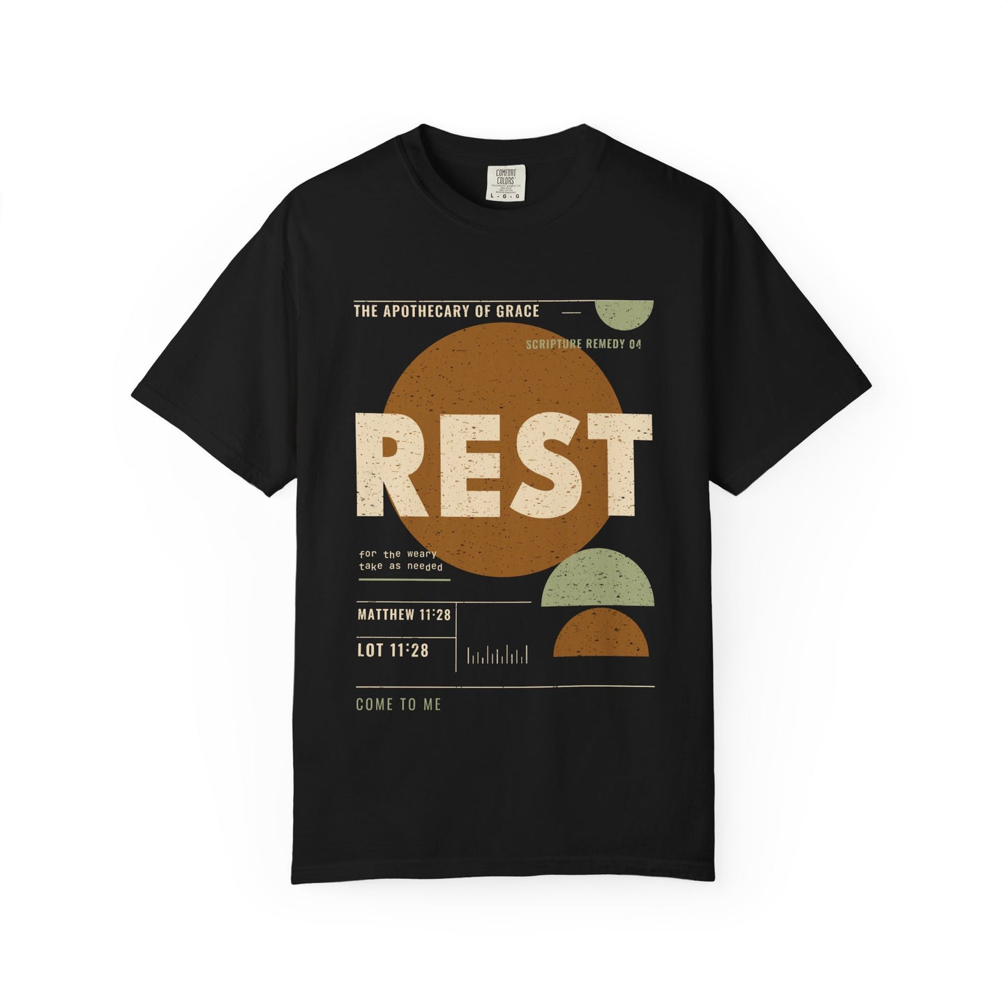 Rest - Retro Mid-Century Scripture Unisex T-Shirt, Matthew 11:28 Bible Verse Tee, Christian Gift for Burnout, Modern Graphic Faith Apparel