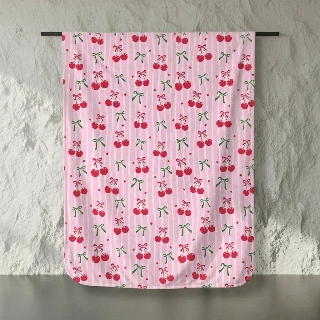 Samtdecke mit Kirschen, Schleifen und Streifen