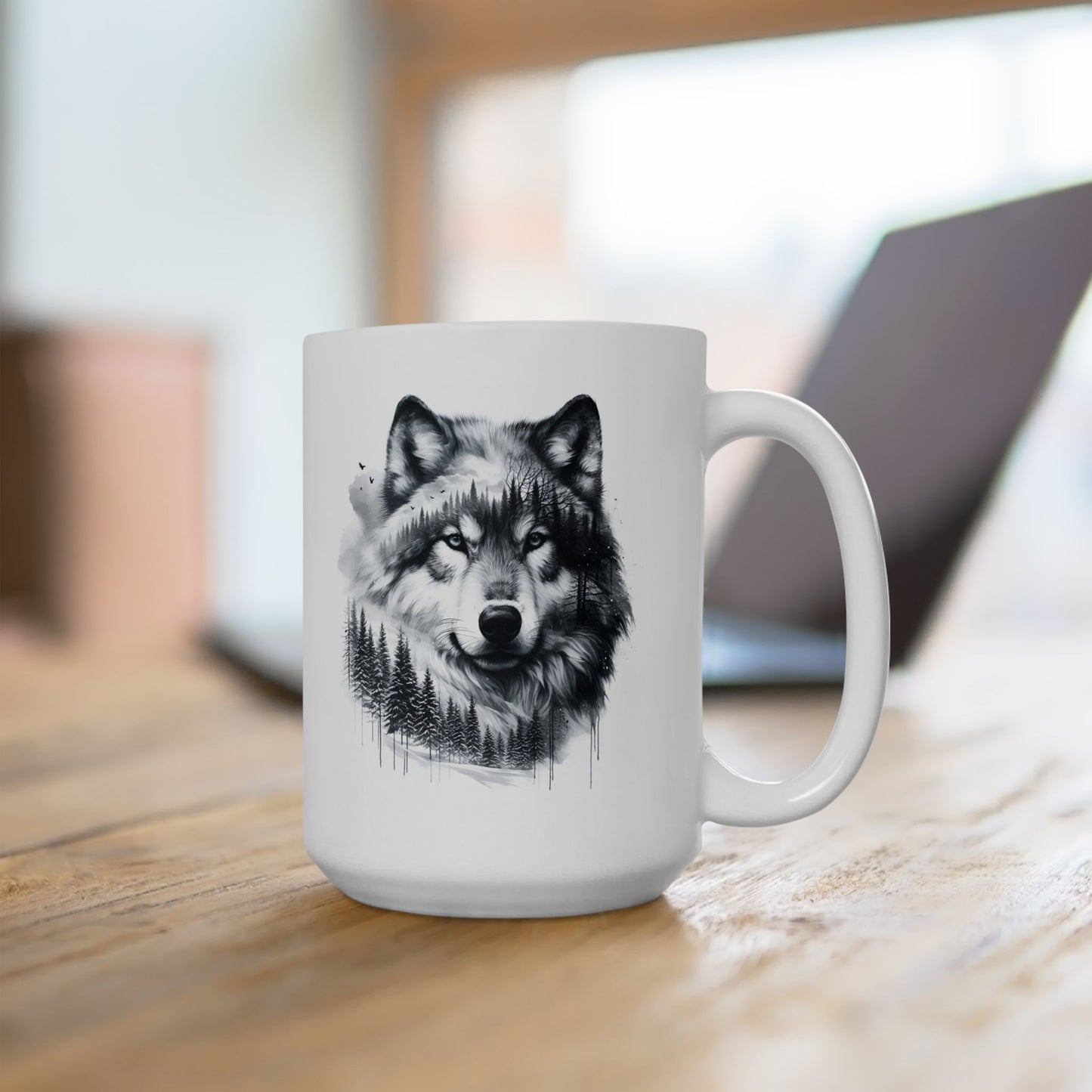 Monochromer Wolfswald – Weiße Tasse (325 ml/443 ml)