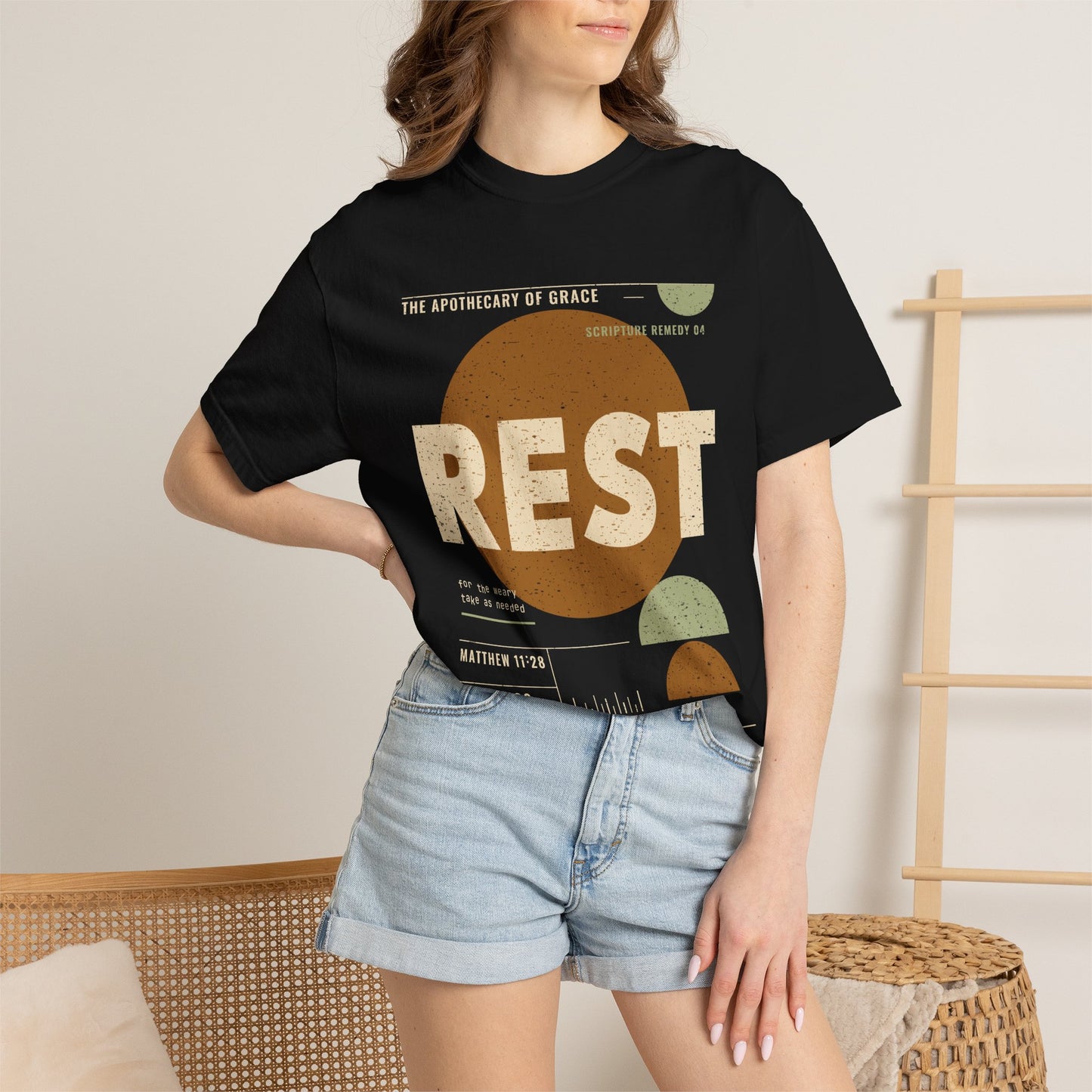 Rest - Retro Mid-Century Scripture Unisex T-Shirt, Matthew 11:28 Bible Verse Tee, Christian Gift for Burnout, Modern Graphic Faith Apparel