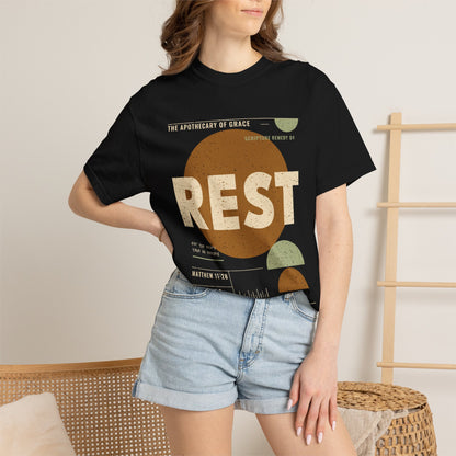 Rest - Retro Mid-Century Scripture Unisex T-Shirt, Matthew 11:28 Bible Verse Tee, Christian Gift for Burnout, Modern Graphic Faith Apparel