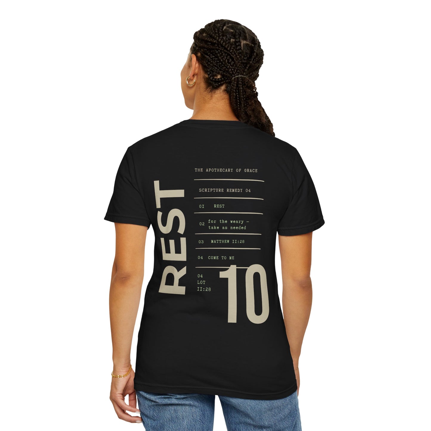 Rest - Personalized Number Scripture Unisex T-Shirt, Matthew 11:28 Bible Verse Tee, Christian Gift for Burnout, Modern Streetwear Faith