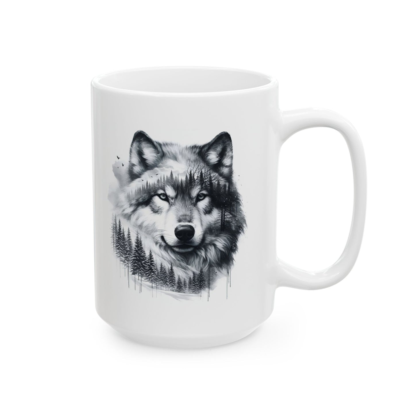 Monochromer Wolfswald – Weiße Tasse (325 ml/443 ml)