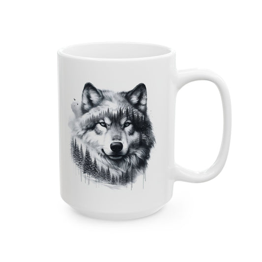 Monochromer Wolfswald – Weiße Tasse (325 ml/443 ml)