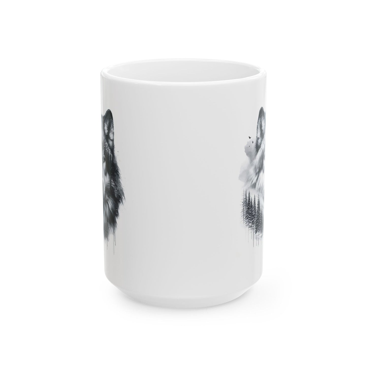 Monochromer Wolfswald – Weiße Tasse (325 ml/443 ml)