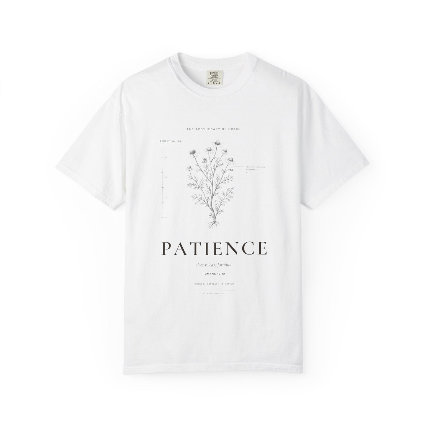 Patience - Vintage Botanical Scripture Unisex T-Shirt, Romans 12:12 Bible Verse Tee, Christian Gift for Waiting, Editorial Faith Apparel