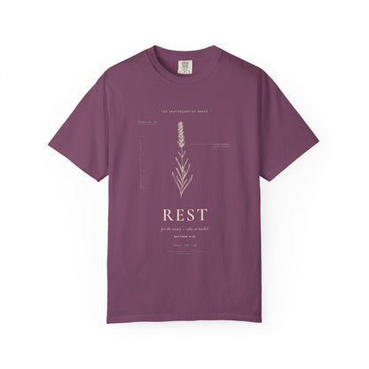 Rest - Vintage Botanical Scripture Unisex T-Shirt, Matthew 11:28 Bible Verse Tee, Christian Gift for Burnout, Editorial Faith Apparel