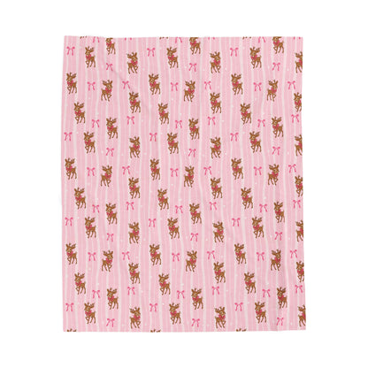 Reindeer and Pink Bows Velveteen Throw Blanket