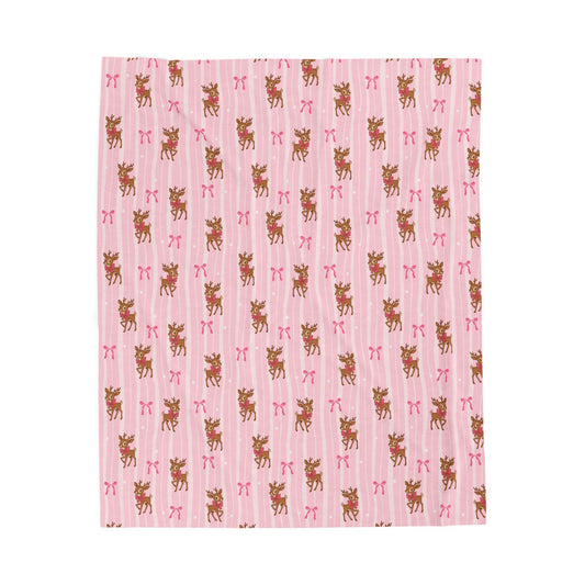 Velvet-Wurfdecke „Rentiere und pinke Schleifen“