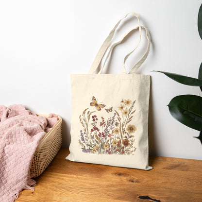 Goldene Wildblume & Schmetterling – Einkaufstasche aus Segeltuch (2 Farben)