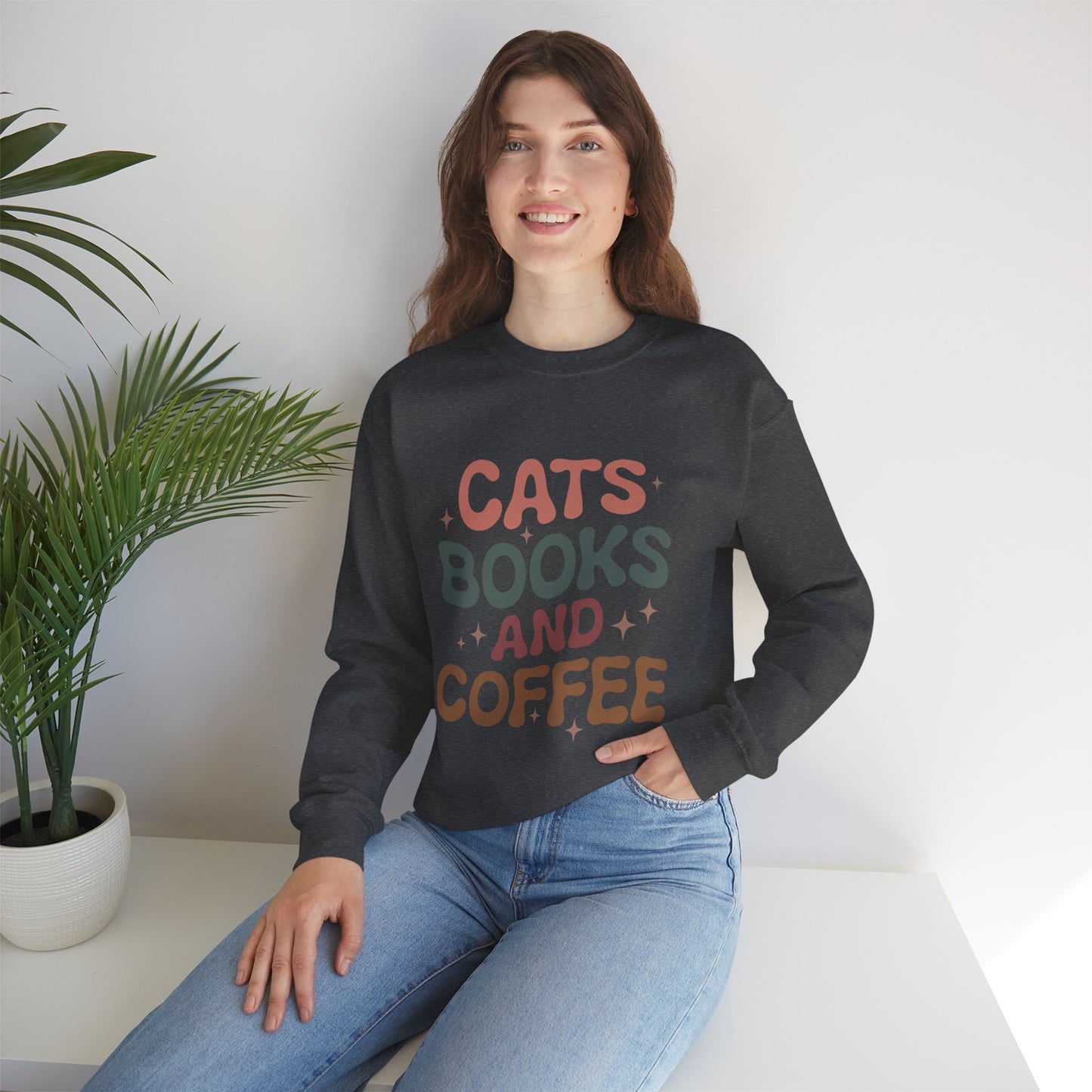 Katzen, Bücher und Kaffee Rundhals-Sweatshirt