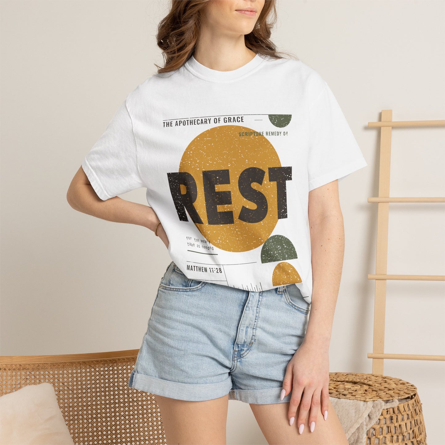 Rest - Retro Mid-Century Scripture Unisex T-Shirt, Matthew 11:28 Bible Verse Tee, Christian Gift for Burnout, Modern Graphic Faith Apparel