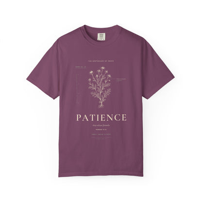 Patience - Vintage Botanical Scripture Unisex T-Shirt, Romans 12:12 Bible Verse Tee, Christian Gift for Waiting, Editorial Faith Apparel