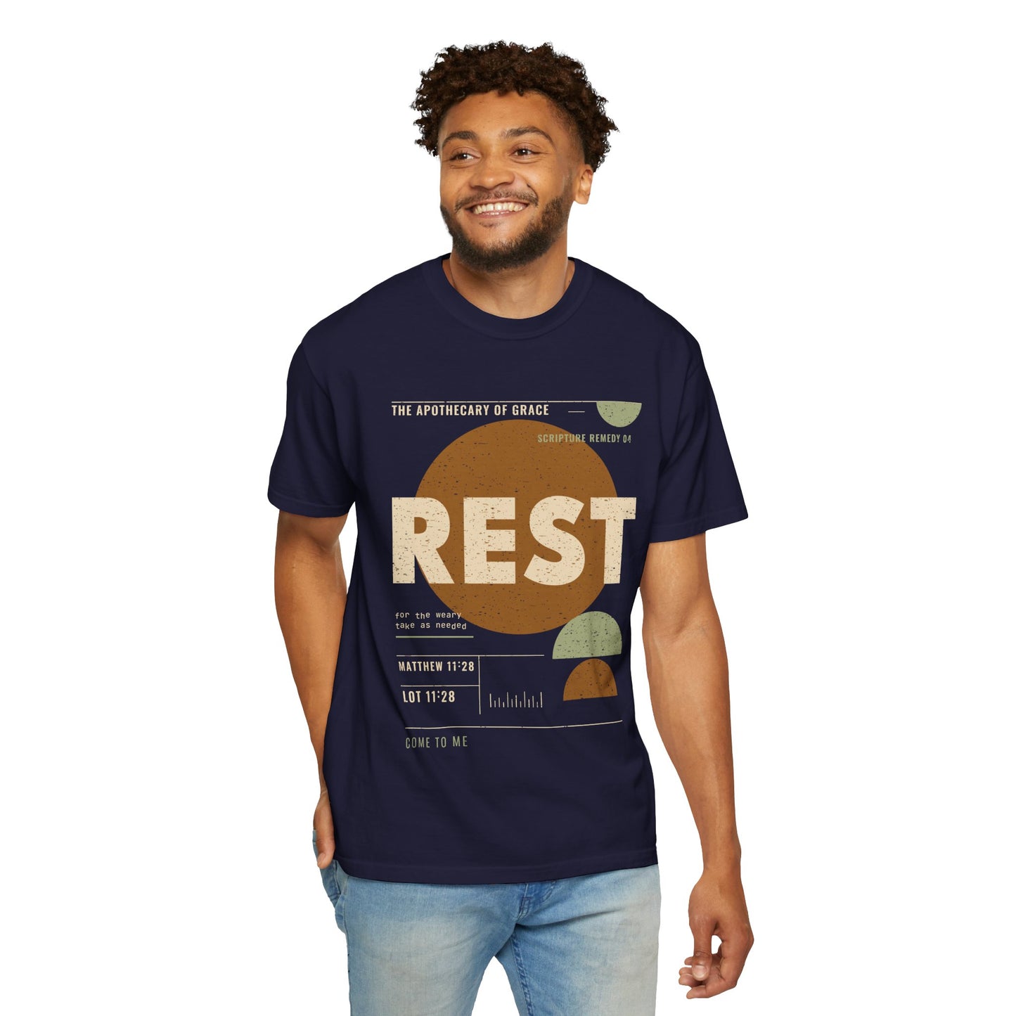Rest - Retro Mid-Century Scripture Unisex T-Shirt, Matthew 11:28 Bible Verse Tee, Christian Gift for Burnout, Modern Graphic Faith Apparel