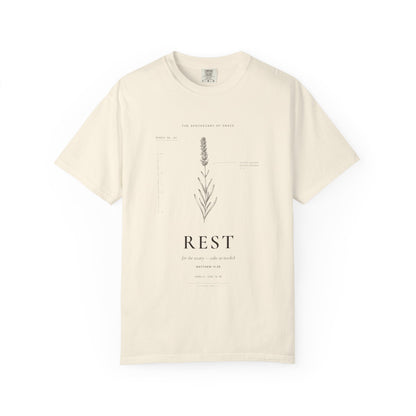 Rest - Vintage Botanical Scripture Unisex T-Shirt, Matthew 11:28 Bible Verse Tee, Christian Gift for Burnout, Editorial Faith Apparel