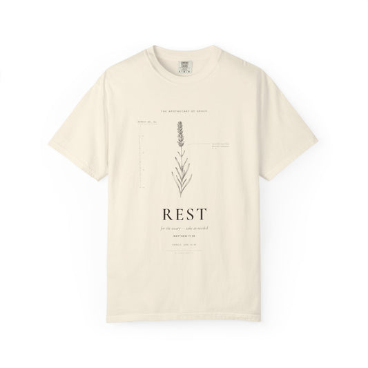 Rest - Vintage Botanical Scripture Unisex T-Shirt, Matthew 11:28 Bible Verse Tee, Christian Gift for Burnout, Editorial Faith Apparel