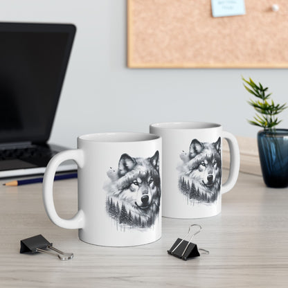 Monochromer Wolfswald – Weiße Tasse (325 ml/443 ml)