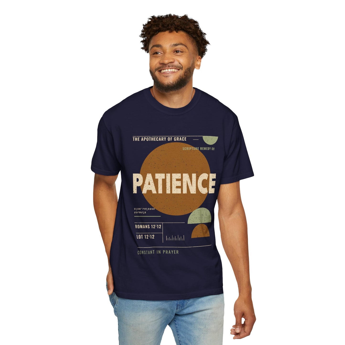 Patience - Retro Mid-Century Scripture Unisex T-Shirt, Romans 12:12 Bible Verse Tee, Christian Gift for Waiting, Modern Graphic Faith Apparel
