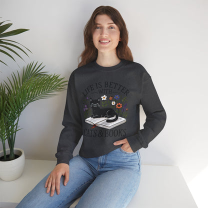Life Is Better With Cats & Books Rundhals-Sweatshirt