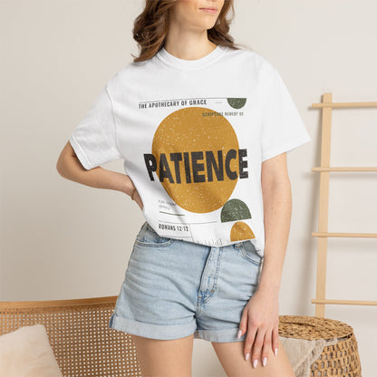 Patience - Retro Mid-Century Scripture Unisex T-Shirt, Romans 12:12 Bible Verse Tee, Christian Gift for Waiting, Modern Graphic Faith Apparel