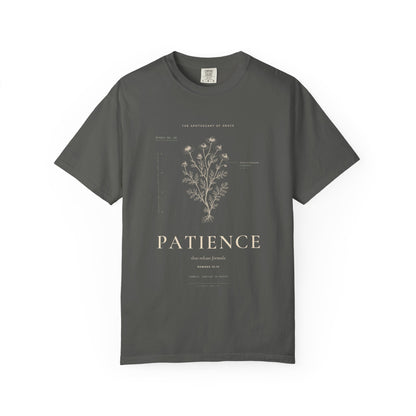 Patience - Vintage Botanical Scripture Unisex T-Shirt, Romans 12:12 Bible Verse Tee, Christian Gift for Waiting, Editorial Faith Apparel