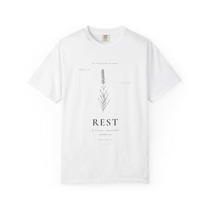 Rest - Vintage Botanical Scripture Unisex T-Shirt, Matthew 11:28 Bible Verse Tee, Christian Gift for Burnout, Editorial Faith Apparel