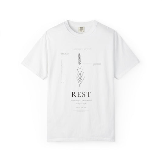 Rest - Vintage Botanical Scripture Unisex T-Shirt, Matthew 11:28 Bible Verse Tee, Christian Gift for Burnout, Editorial Faith Apparel