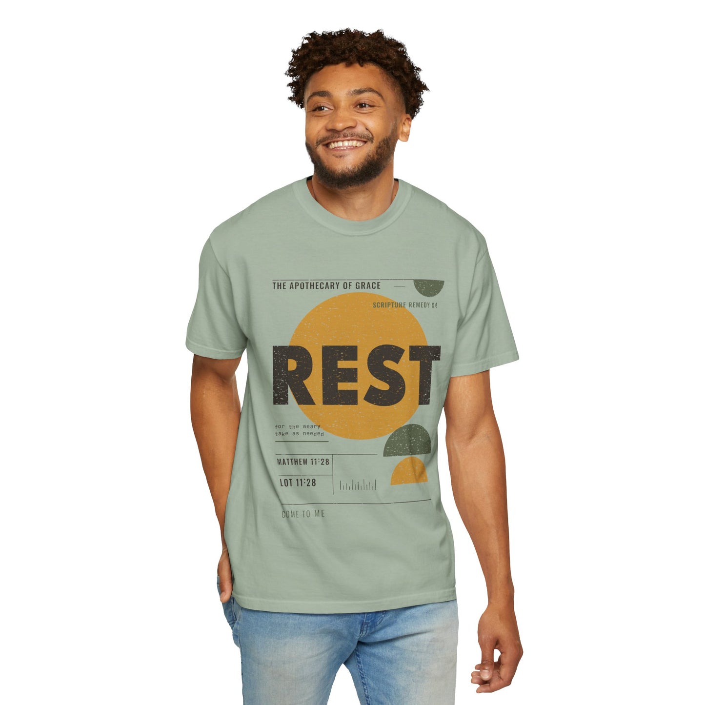 Rest - Retro Mid-Century Scripture Unisex T-Shirt, Matthew 11:28 Bible Verse Tee, Christian Gift for Burnout, Modern Graphic Faith Apparel