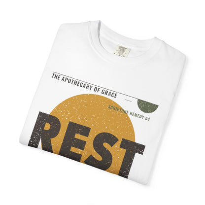 Rest - Retro Mid-Century Scripture Unisex T-Shirt, Matthew 11:28 Bible Verse Tee, Christian Gift for Burnout, Modern Graphic Faith Apparel