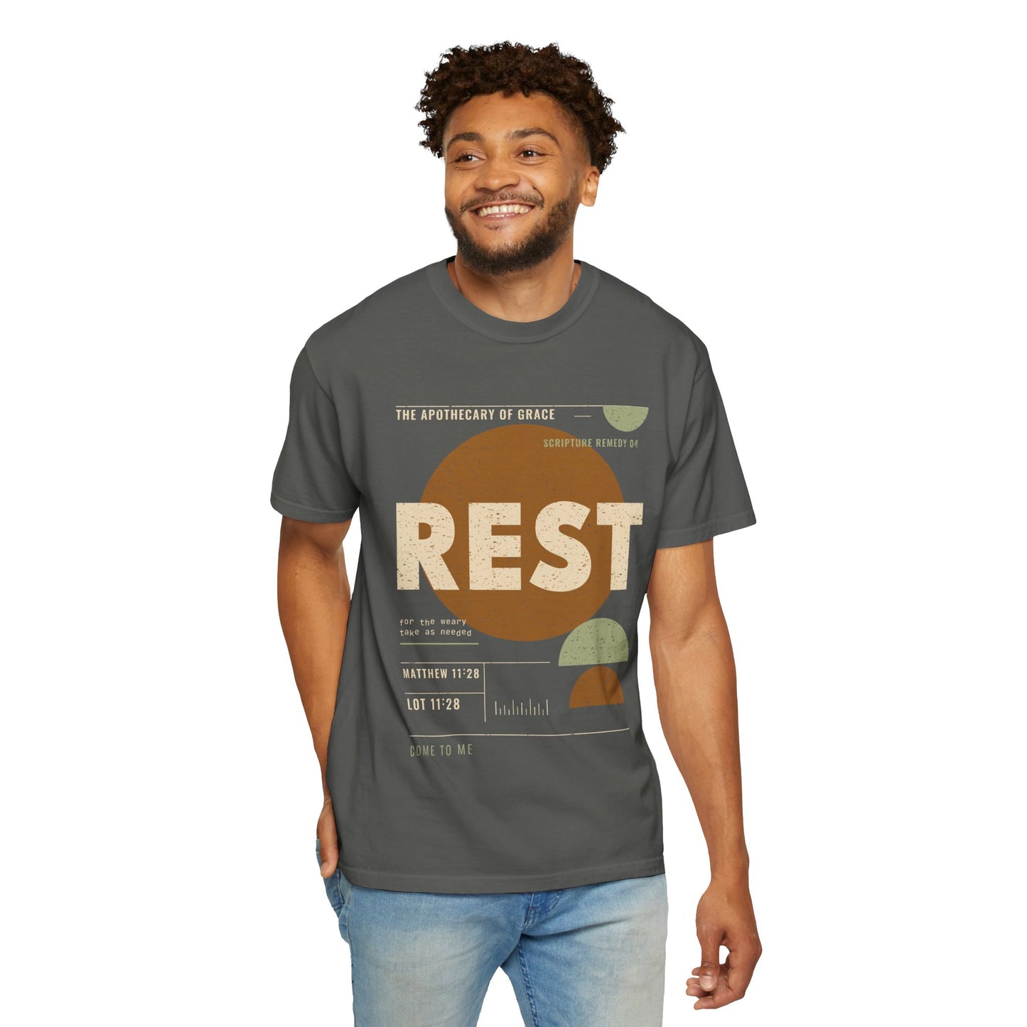 Rest - Retro Mid-Century Scripture Unisex T-Shirt, Matthew 11:28 Bible Verse Tee, Christian Gift for Burnout, Modern Graphic Faith Apparel