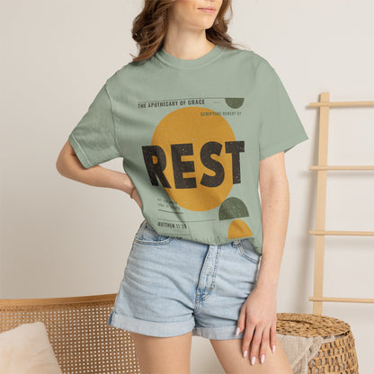 Rest - Retro Mid-Century Scripture Unisex T-Shirt, Matthew 11:28 Bible Verse Tee, Christian Gift for Burnout, Modern Graphic Faith Apparel