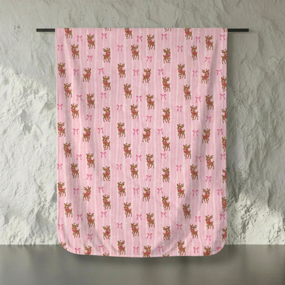 Reindeer and Pink Bows Velveteen Throw Blanket