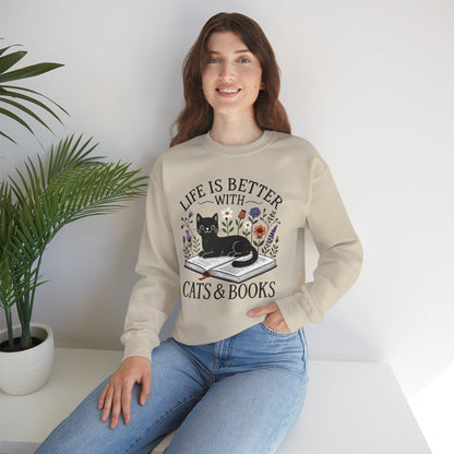 Life Is Better With Cats & Books Rundhals-Sweatshirt