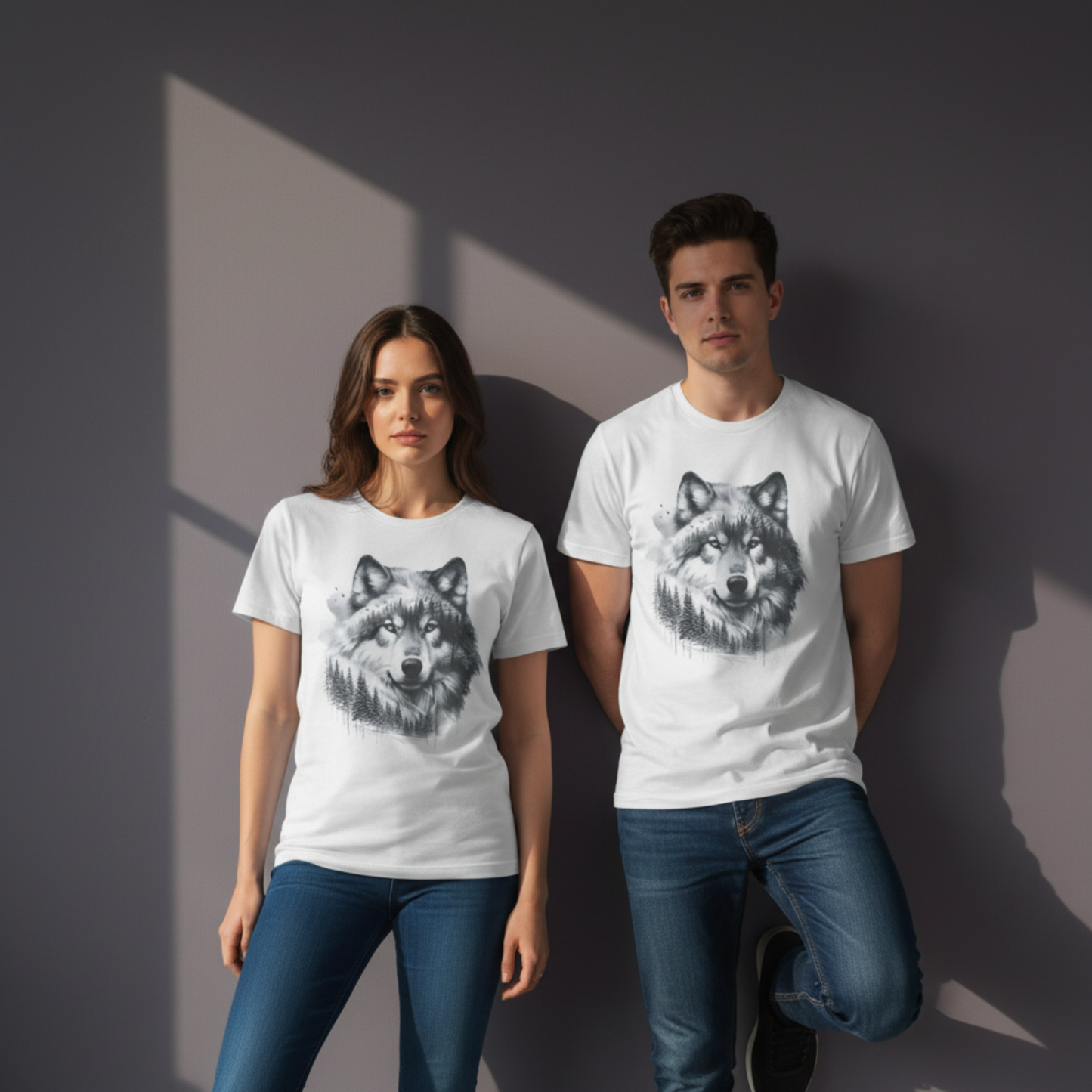 Monochromer Wolf Wald Unisex Grafik T-Shirt