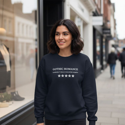 Woman wearing a black sweatshirt with 'Gothic Romance' text on a city street.