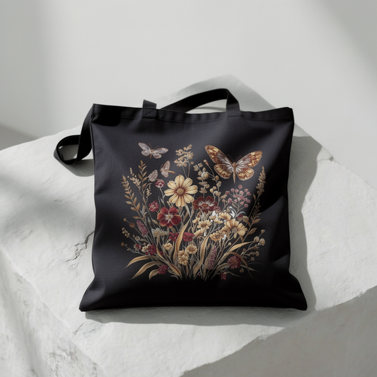 Wildblume, Sonnenblume & Schmetterling – Einkaufstasche aus Segeltuch (2 Farben)
