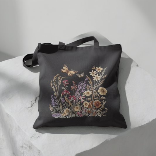 Goldene Wildblume & Schmetterling – Einkaufstasche aus Segeltuch (2 Farben)