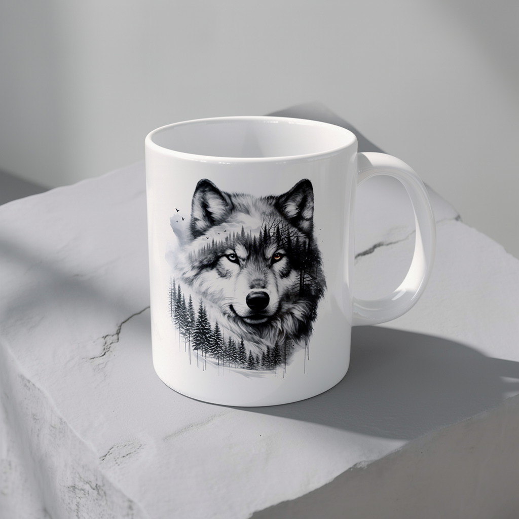 Monochromer Wolfswald – Weiße Tasse (325 ml/443 ml)