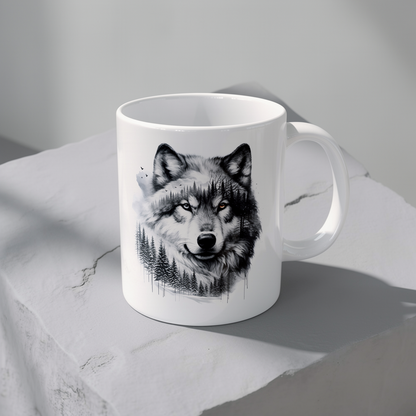 Monochromer Wolfswald – Weiße Tasse (325 ml/443 ml)