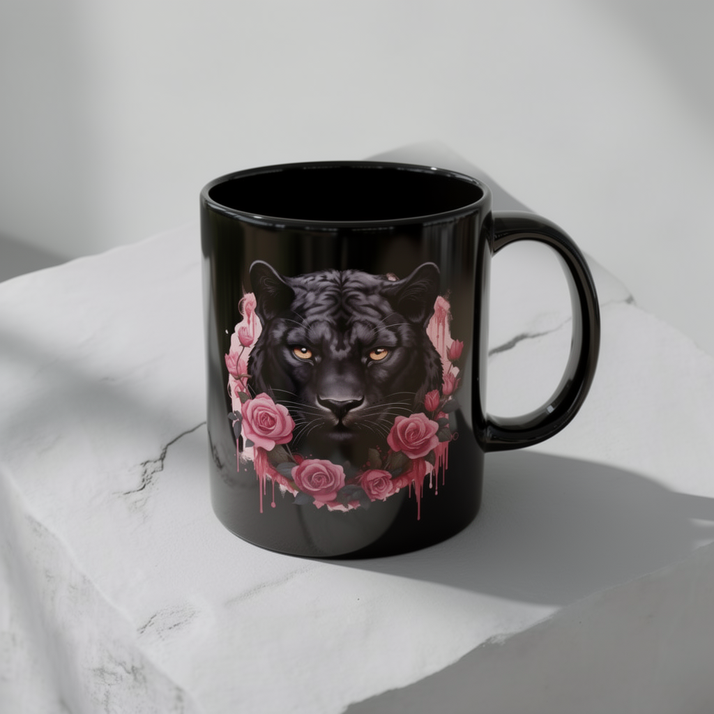 Panther Rose – Schwarze Tasse (325ml/444ml)