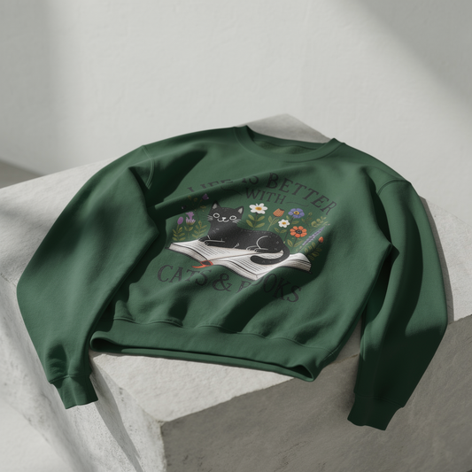 Life Is Better With Cats & Books Crewneck Sweatshirt
